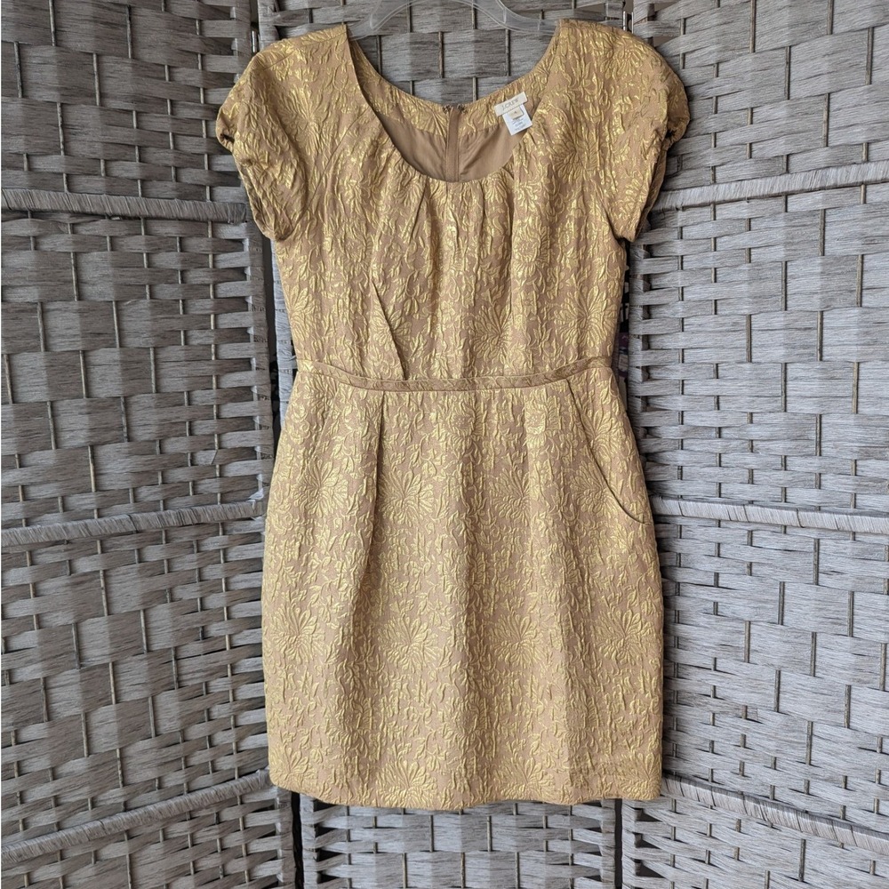 J. Crew Mini Sheath Dress Gold Floral Metallic Jacquard Silk Blend Sz 4 Pleated‎